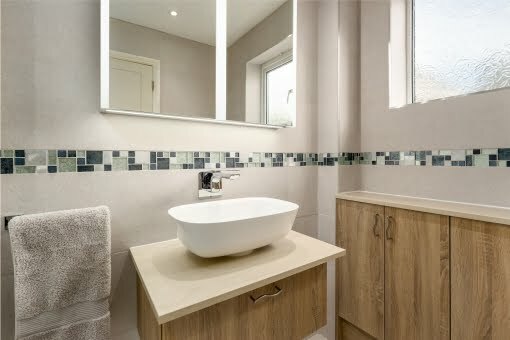 Lavender Bathroom Company 3 Shower room with wooden cabinets and irridescent tiles